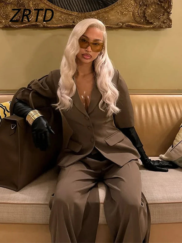 Elegant Solid Blazer Pants Sets Women Shoulder Pads Button Short Sleeve Jacket Wide Leg Trousers 2025 Spring Lady Street Outfits