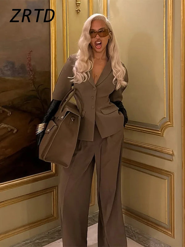 Elegant Solid Blazer Pants Sets Women Shoulder Pads Button Short Sleeve Jacket Wide Leg Trousers 2025 Spring Lady Street Outfits