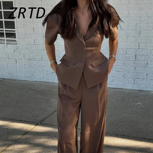 Elegant Solid Blazer Pants Sets Women Shoulder Pads Button Short Sleeve Jacket Wide Leg Trousers 2025 Spring Lady Street Outfits