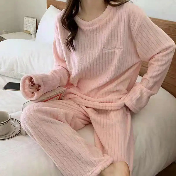 Conjuntos de 2 piezas de otoño para mujer, conjunto de lana acanalada de terciopelo grueso, jersey y pantalones, conjuntos de pijama informales para mujer 2024