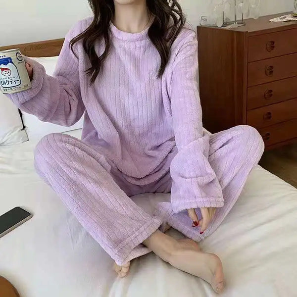 Conjuntos de 2 piezas de otoño para mujer, conjunto de lana acanalada de terciopelo grueso, jersey y pantalones, conjuntos de pijama informales para mujer 2024